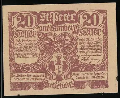 Notgeld St. Peter am Wimberg 1921, 20 Heller, Stadtwappen und historische Szene mit Bauern