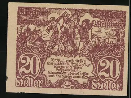 Notgeld St. Peter am Wimberg 1921, 20 Heller, Stadtwappen und historische Szene mit Bauern