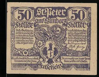 Notgeld St. Peter am Wimberg 1921, 50 Heller, Adlerwappen und Stadtansicht mit Kirche