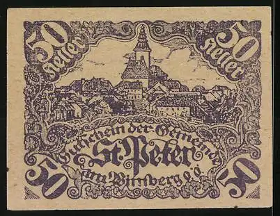 Notgeld St. Peter am Wimberg 1921, 50 Heller, Adlerwappen und Stadtansicht mit Kirche