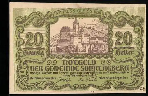 Notgeld Sonntagberg, 20 Heller, Schloss Gleiss 1630, Zitat: Und kräht der Hahn auch nicht, es wird doch Tag und Licht!