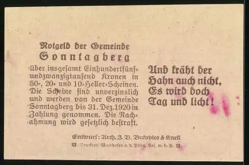 Notgeld Sonntagberg, 20 Heller, Schloss Gleiss 1630, Zitat: Und kräht der Hahn auch nicht, es wird doch Tag und Licht!