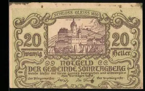 Notgeld Sonntagberg 1920, 20 Heller, Schloss Gleiss 1630, Spruch über Tagesanbruch