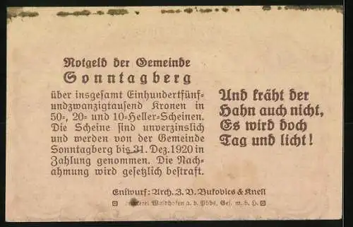 Notgeld Sonntagberg 1920, 20 Heller, Schloss Gleiss 1630, Spruch über Tagesanbruch