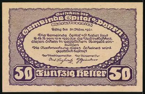 Notgeld Spital am Pyhrn 1921, 50 Heller, Berglandschaft mit Dorfansicht