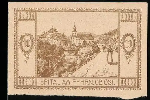 Notgeld Spital am Pyhrn 1921, 10 Heller, Stadtansicht mit Kirche und Flussufer