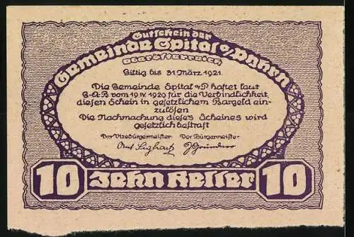 Notgeld Spital am Pyhrn 1921, 10 Heller, Stadtansicht mit Kirche und Flussufer