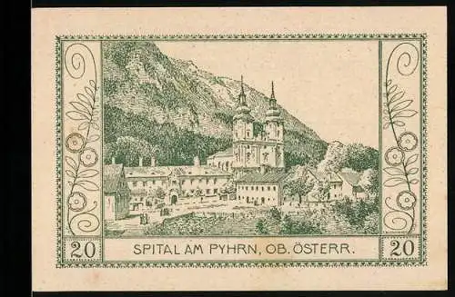 Notgeld Spital am Pyhrn 1921, 20 Heller, Kloster und Berglandschaft in Oberösterreich