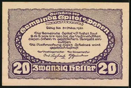 Notgeld Spital am Pyhrn 1921, 20 Heller, Kloster und Berglandschaft in Oberösterreich