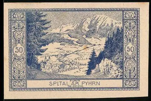 Notgeld Spital am Pyhrn 1921, 50 Heller, Landschaftspanorama mit Gebirgen und Dorfansicht