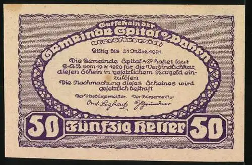 Notgeld Spital am Pyhrn 1921, 50 Heller, Landschaftspanorama mit Gebirgen und Dorfansicht