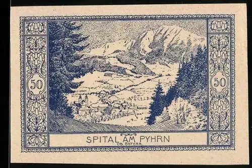 Notgeld Spital am Pyhrn 1921, 50 Heller, Berglandschaft, gültig bis 31. März 1921