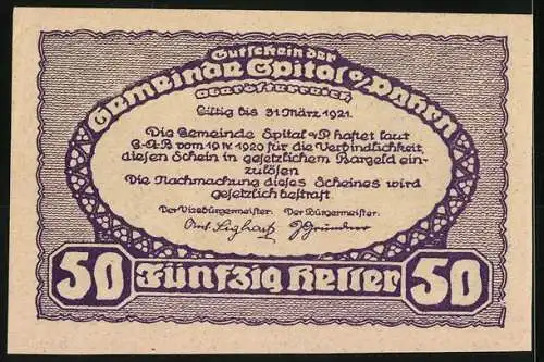 Notgeld Spital am Pyhrn 1921, 50 Heller, Berglandschaft, gültig bis 31. März 1921