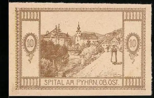 Notgeld Spital am Pyhrn 1920, 10 Heller, Dorfansicht mit Kirche und Fluss