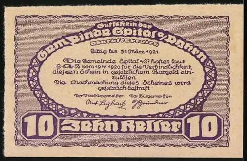 Notgeld Spital am Pyhrn 1920, 10 Heller, Dorfansicht mit Kirche und Fluss