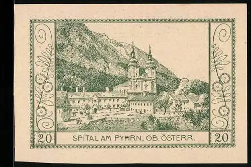 Notgeld Spital am Pyhrn 1920, 20 Heller, Kloster und Berglandschaft