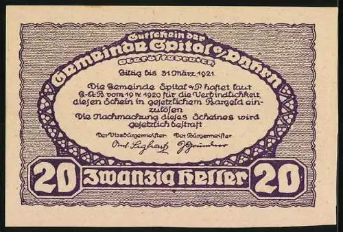 Notgeld Spital am Pyhrn 1920, 20 Heller, Kloster und Berglandschaft