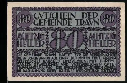 Notgeld Traun 1920, 80 Heller, Schloss Traun mit Figuren und Kanone