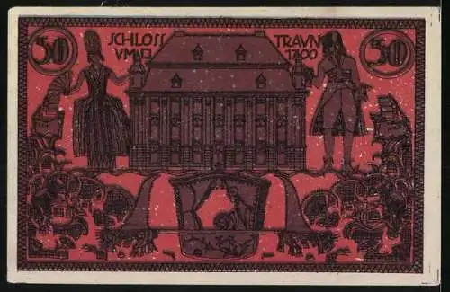 Notgeld Traun, 50 Heller, Schloss Traun 1700 mit Figuren und Verzierungen