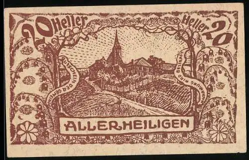 Notgeld Allerheiligen 1920, 20 Heller, Landschaft mit Kirche und floralen Mustern