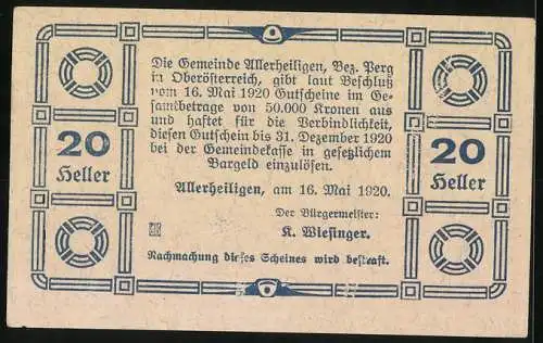 Notgeld Allerheiligen 1920, 20 Heller, Landschaft mit Kirche und floralen Mustern