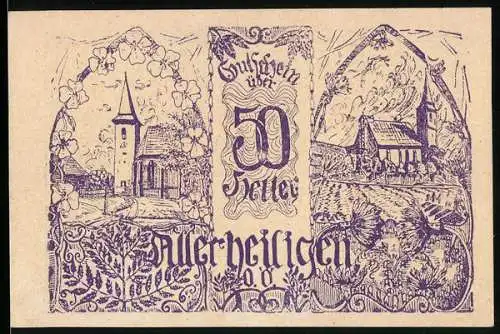 Notgeld Allerheiligen 1920, 50 Heller, Dorfansichten und florale Motive