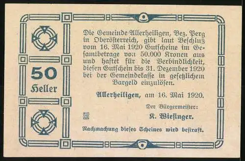 Notgeld Allerheiligen 1920, 50 Heller, Dorfansichten und florale Motive