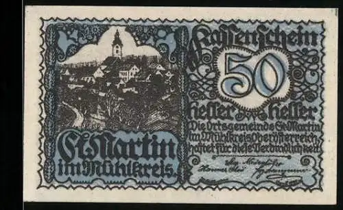 Notgeld St. Martin im Mühlkreis 1920, 50 Heller, Dorfszene und Reiterwappen