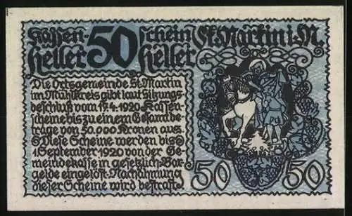 Notgeld St. Martin im Mühlkreis 1920, 50 Heller, Dorfszene und Reiterwappen