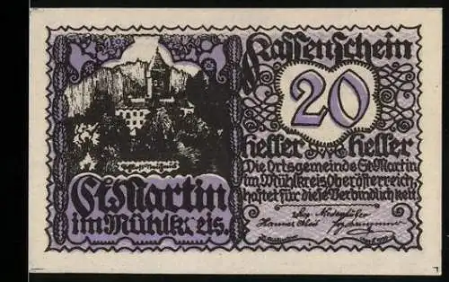 Notgeld St. Martin i. M. 1920, 20 Heller, Burgmotiv und Reiterdarstellung