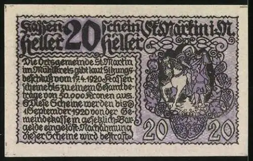 Notgeld St. Martin i. M. 1920, 20 Heller, Burgmotiv und Reiterdarstellung