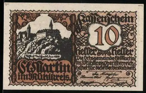 Notgeld St. Martin 1920, 10 Heller, Burglandschaft und Reiter-Motiv, mit Wappen