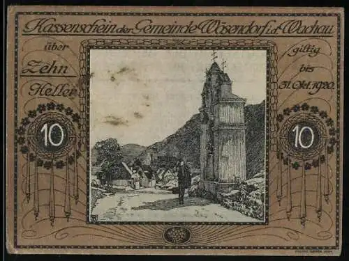 Notgeld Wösendorf 1920, 10 Heller, Dorflandschaft mit Kirchturm und Bergen