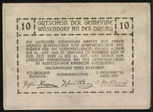 Notgeld Wösendorf 1920, 10 Heller, Dorflandschaft mit Kirchturm und Bergen