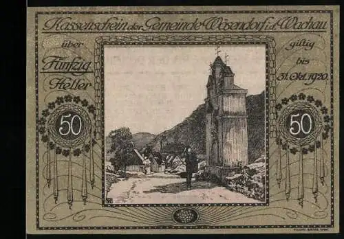 Notgeld Wösendorf in der Wachau 1920, 50 Heller, Dorfansicht mit Kirchturm