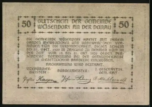 Notgeld Wösendorf in der Wachau 1920, 50 Heller, Dorfansicht mit Kirchturm