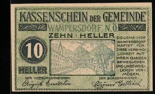 Notgeld Wampersdorf 1920, 10 Heller, Stadtansicht mit Bergen im Hintergrund