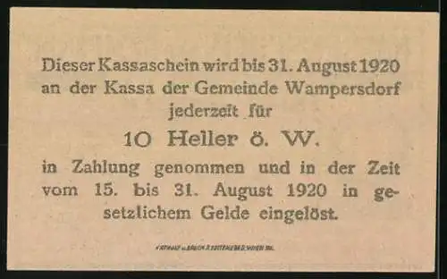 Notgeld Wampersdorf 1920, 10 Heller, Stadtansicht mit Bergen im Hintergrund