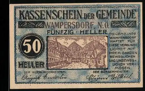 Notgeld Wampersdorf 1920, 50 Heller, Stadtansicht mit Bergen, Text zur Einlösung bis August 1920