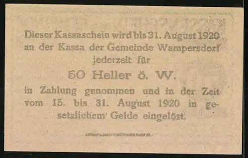 Notgeld Wampersdorf 1920, 50 Heller, Stadtansicht mit Bergen, Text zur Einlösung bis August 1920