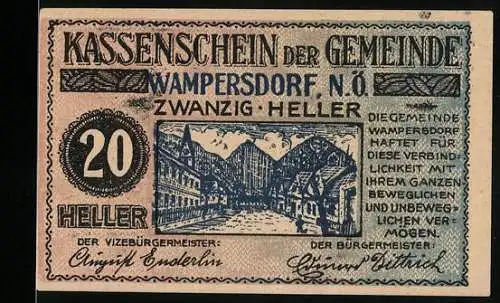 Notgeld Wampersdorf 1920, 20 Heller, Stadtansicht mit Bergen und Textpassage