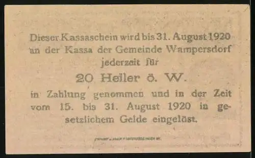 Notgeld Wampersdorf 1920, 20 Heller, Stadtansicht mit Bergen und Textpassage