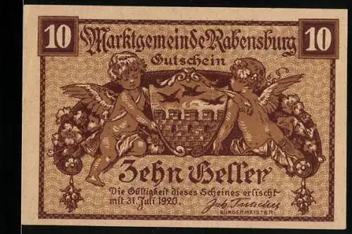 Notgeld Rabensburg 1920, 10 Heller, Putti mit Blumen und Burgmotiv, Seriennummer, Wappen