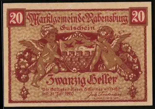 Notgeld Rabensburg 1920, 20 Heller, Engel mit Wappen und Stadtansicht