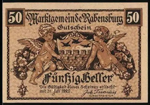 Notgeld Rabensburg 1920, 50 Heller, Engel mit Stadtwappen und Blumenornamenten