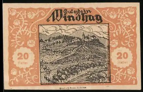 Notgeld Windhag 1920, 20 Heller, Landschaftsmotiv mit Dorfansicht