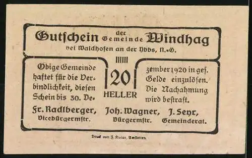 Notgeld Windhag 1920, 20 Heller, Landschaftsmotiv mit Dorfansicht