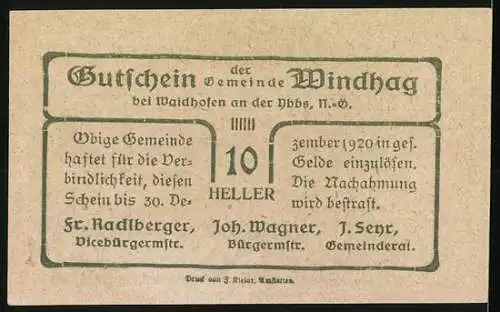 Notgeld Windhag 1920, 10 Heller, Landschaft mit Dorfansicht