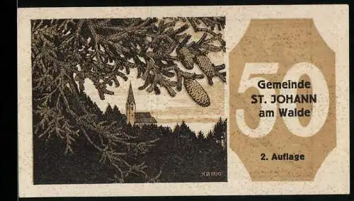 Notgeld St. Johann am Walde 1920, 50, Kirche im Wald mit Tannenzweigen