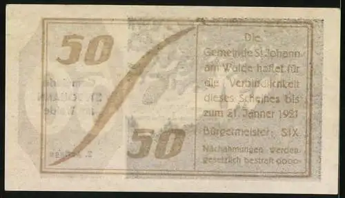 Notgeld St. Johann am Walde 1920, 50, Kirche im Wald mit Tannenzweigen